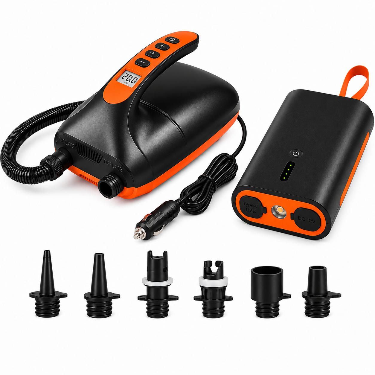 SkinStar Elektrische Luftpumpe 20 PSI inkl. 12V Powerbank für SUP Kajak Camping