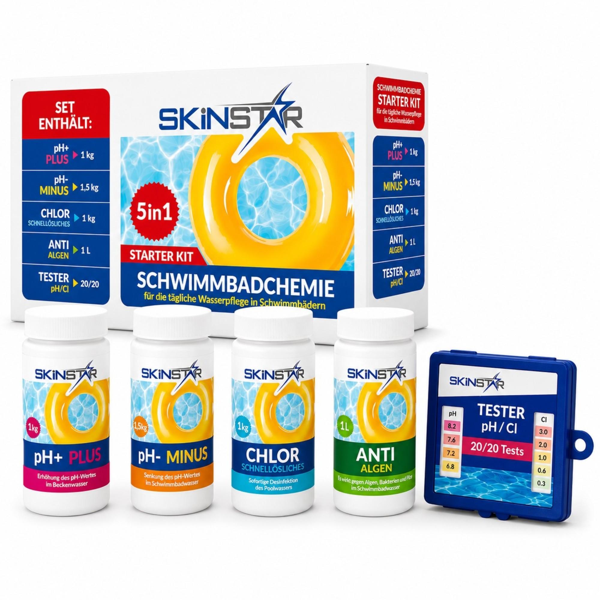 SkinStar Pool Starter Set 5in1 Wasserpflege Chlor pH+/- Granulat Poolpflege